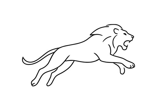 Jumping Lion Outline. Pouncing Forward. Dynamic Wildlife Action. Minimalist Animal Vector Design