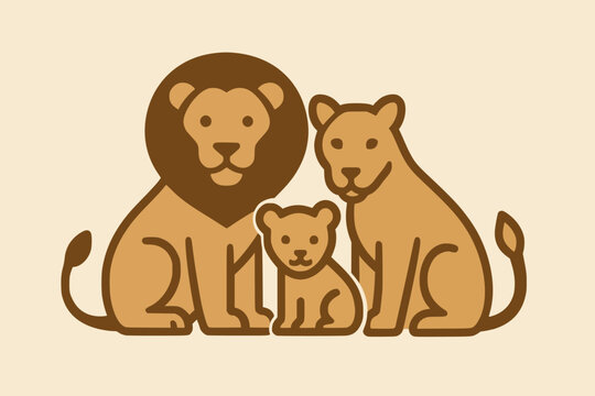 Lion Family Icon. Minimalist Animal Family Symbol. Flat Monochrome Vector Design