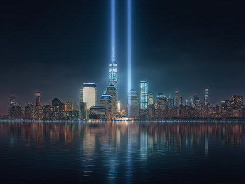 Lower Manhattan skyline illuminated by twin tribute light beams, calm evening, sparkling skyscrapers, respectful memorial scene, realistic city photography.