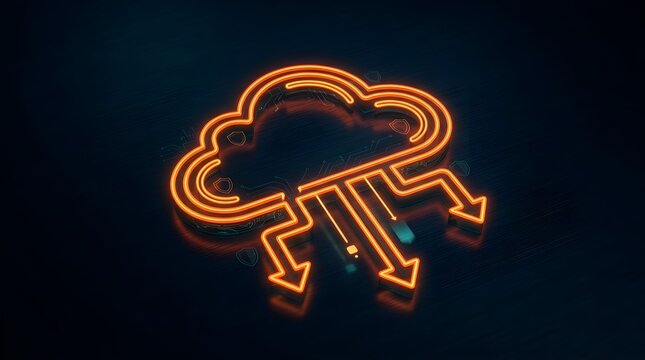 Glowing orange cloud icon with falling arrows representing cloud data breach and cybersecurity risk