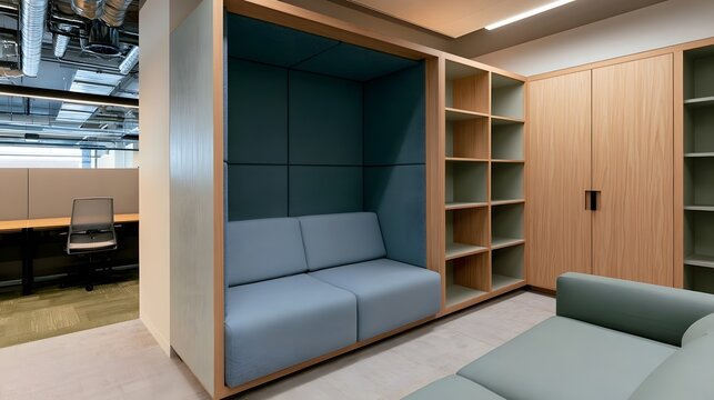 Modern office quiet zone with blue upholstered seating  wooden storage units  and exposed ceiling ducts in a professional workspace