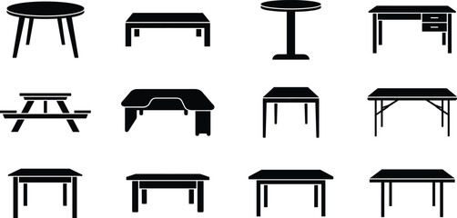 Fototapeta premium Minimalist Table Furniture Silhouette Vector Icon Set Featuring Various Styles Like Desk, Picnic Table, Coffee Table, and Workbench for Interior Graphic Designs