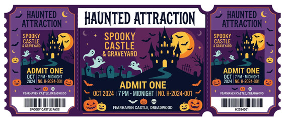 Naklejka premium Haunted Attraction Ticket - Spooky Castle & Graveyard Entry - Halloween Event