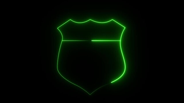 A glowing green neon outline of a shield or badge symbol on a black background, with a white circular play button overlay in the center.