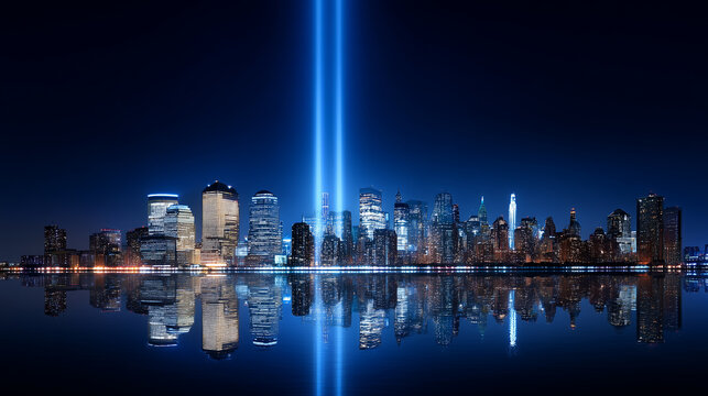 Modern New York skyline beneath a deep blue night sky with twin beams of remembrance, glowing skyscrapers, calm and reflective atmosphere.