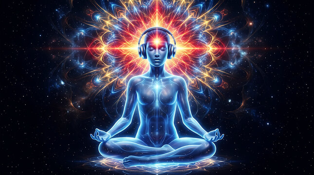 Serene meditating figure with glowing aura, cosmic background