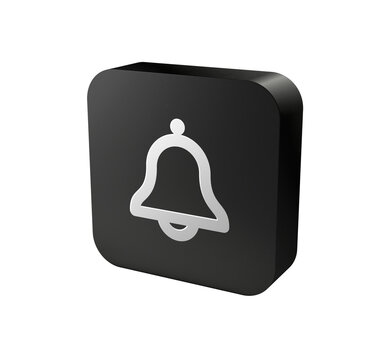 3D black rounded square icon button with white bell symbol for notification, alert, reminder and web interface concept isolated on white background