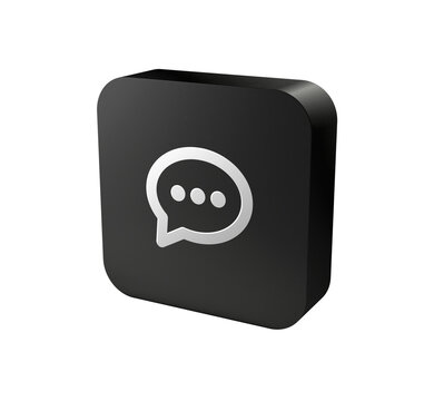 3D black rounded square icon button with white chat speech bubble symbol for message, communication, comment and web interface concept isolated on white background
