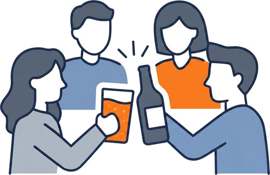 Group of friends toasting with beer glasses and bottles, drinking party and gathering concept 3D illustration