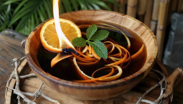 Exquisite 4K mixology asset showcasing an exotic tropical tiki rum punch served in an ornate ceramic bowl with floating orange wheels and a live center flame creating a dramatic high-end nightlife