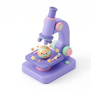 3d cartoon microscope with a cute smiling planet on the stage with colorful rendered microscope