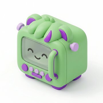 A green and purple toy television with a smiling face on a white background