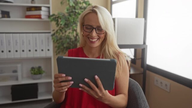 Woman holding tablet and smiling while tapping screen with both hands in an office building, wearing glasses and red dress; relaxation joy.