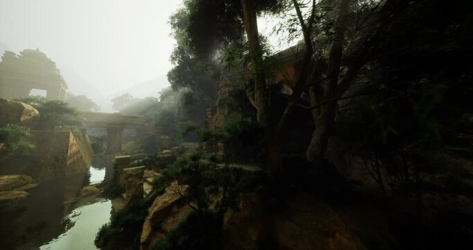 misty river canyon with ancient ruins, overgrown stone steps and mosscovered walls, sunbeams filtering through dense oak canopy, calm reflective water pooling