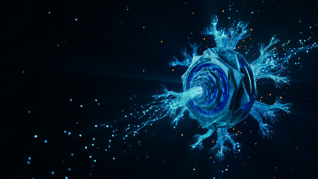 3D Glowing Cybernetic Core with Neural Fiber Branches and Particle Floating Network