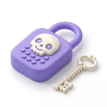 A purple padlock with a skull emblem and a bone shaped key with isolated white background