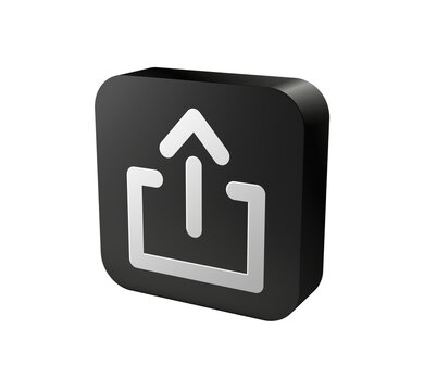 3D black rounded square icon button with white share symbol for web interface, upload, export and send concept isolated on white background