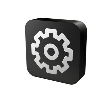 3D black rounded square icon button with white gear symbol for settings, configuration, options, control and setup concept isolated on white background