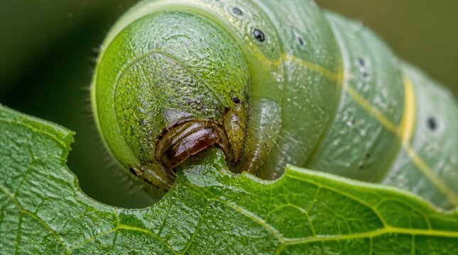 Extreme macro photograph of a green caterpillar eating a fresh leaf, featuring detailed head mandibles, body segments, skin texture, and tiny hairs in a high-magnification view.