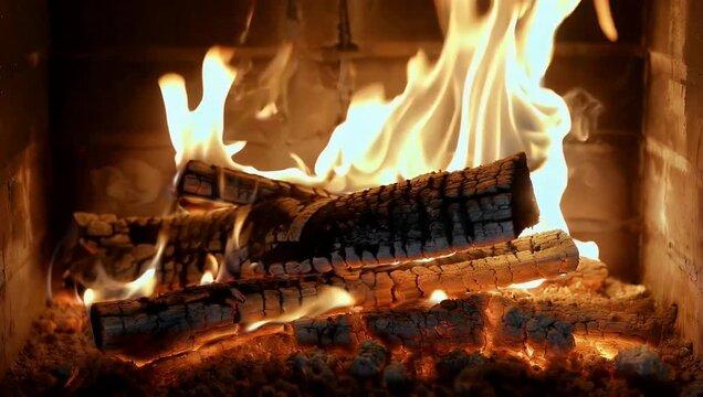 Ultra-realistic 4K winter macro shot tracking bright orange fireplace flames wrapping tightly around split oak logs filmed at 120fps RAW to deliver highly detailed comforting hearth fire dynamics