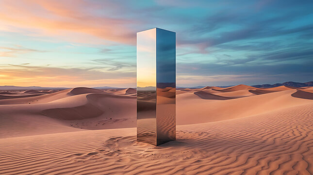 Shiny metallic monolith standing in desert at sunset reflective