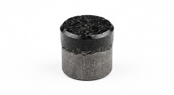 Extreme macro of a Polycrystalline Diamond Compact (PDC) drill bit cutter on tungsten carbide substrate. Geothermal drilling hardware isolated on white.