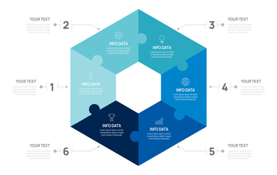 Venn diagram business infographic circle chart template 6 options, presentation with hexagon jigsaw puzzle Circular diagram elements vector illustration.