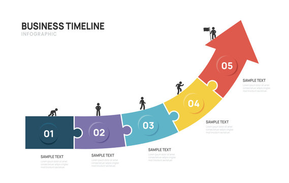 Business step timeline infographic arrow jigsaw puzzle template. Modern milestone element timeline diagram 5 steps, vector infographics.