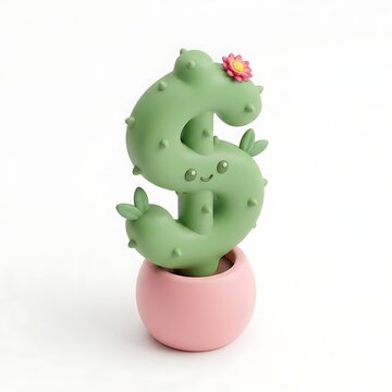 Cute dollar sign cactus illustration, 3D character plant in pink pot, green succulent money symbol for financial growth and banking concepts
