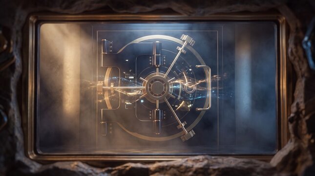 futuristic architecture, a massive obsidian vault door adorned with brushed gold emits glowing data streams