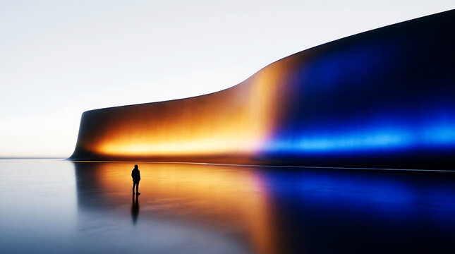 Silhouette of person facing large dark monolith at dusk