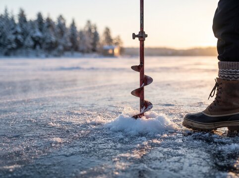 Ice Auger Drilling Hole in Frozen Lake at Sunrise