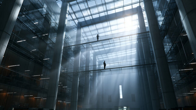 Modern Corporate Glass Atrium with Sunlight and Silhouetted Figures
