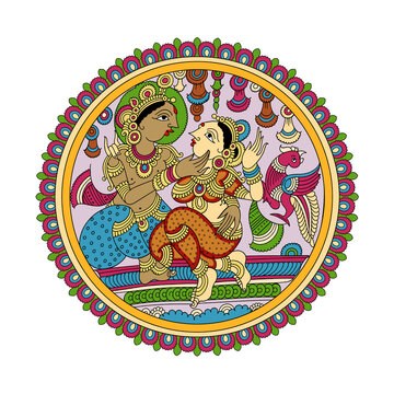 Traditional Indian folk art of an ornate divine couple with colorful peacock and decorative floral border
