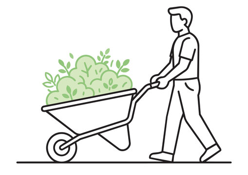 Man pushing wheelbarrow with shrubs