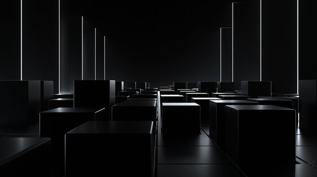 Abstract Futuristic Black Cubes with Glowing Light Lines