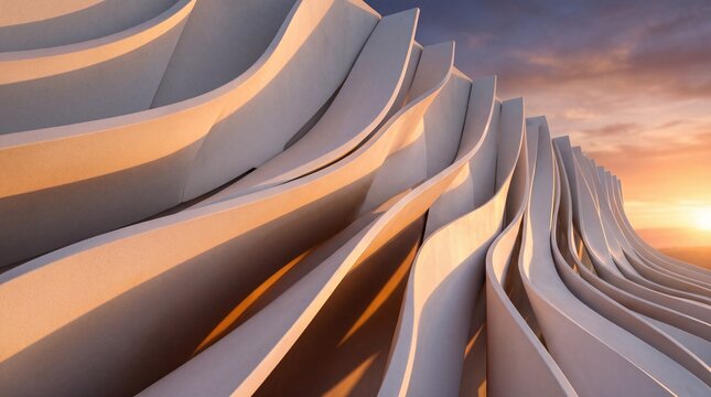 Modern Futuristic Architecture with Curved Parametric Facade at Sunset