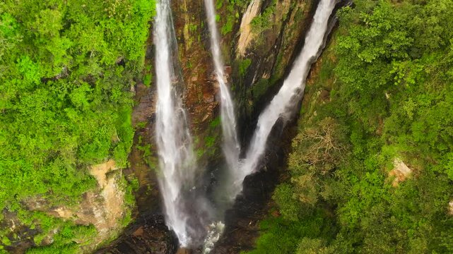 Aerial view of Waterfall in the jungle. Sri Lanka. Puna waterfall in the rainforest.