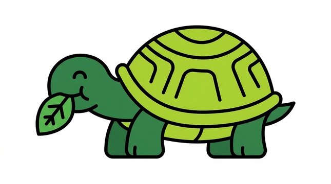 Turtle eating a green leaf cartoon illustration isolated on white