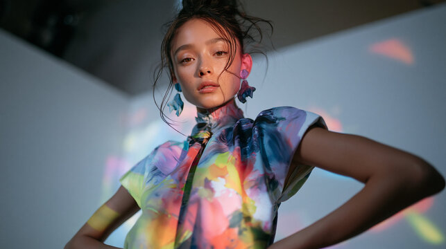 Fashion Model in Colorful Outfit Posing Under Studio Lights