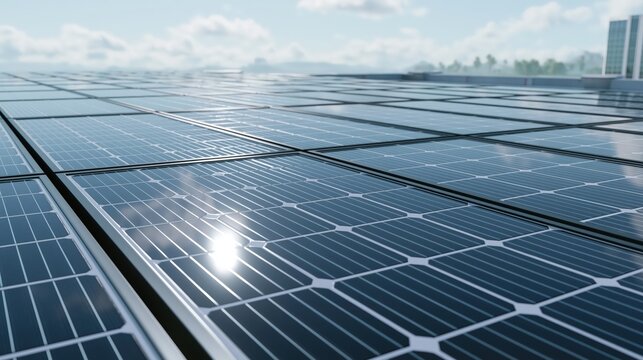 Vast expanse of solar panels covers a flat surface under a bright sky.
