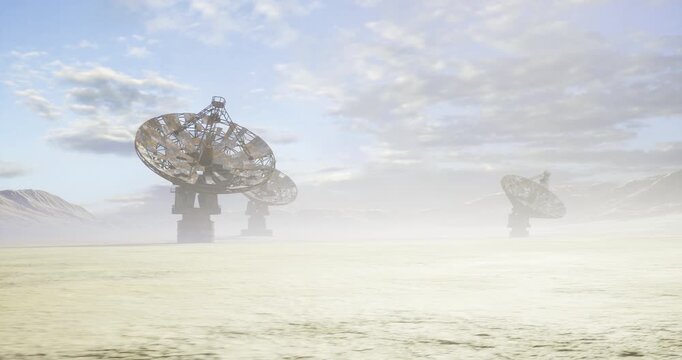 foggy salt flat with metallic sculptures and distant mountain range, mist softening pale sky. monumental treelike installations rise on concrete bases