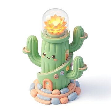 Kawaii cactus house illustration, cute desert succulent home with glowing flower lamp, whimsical 3D character design for kids decor