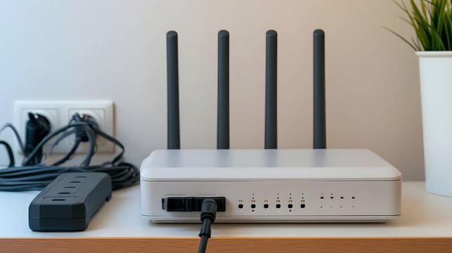 White home router with four antennas sits on a desk next to a power strip and a potted plant