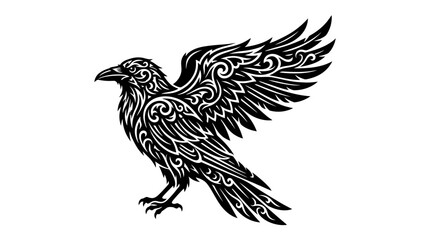 Fototapeta premium Tribal raven illustration with intricate ornamental wing patterns.