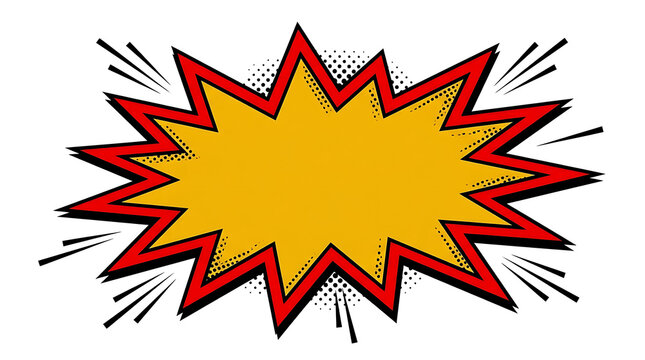 Retro comic book explosion bubble, vintage pop art speech cloud with halftone dots, yellow and red starburst frame for text