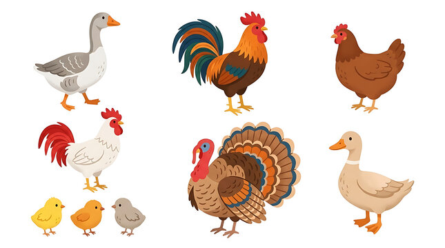 Farm birds collection, domestic poultry set with chicken, rooster, turkey and duck. Flat vector livestock illustrations for agriculture design.
