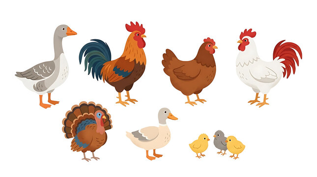 Farm poultry bird collection, domestic livestock set with rooster, hen, duck and turkey, flat vector farm animals on white background