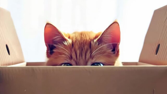 Cute orange tabby kitten peeking out from cardboard box with curious eyes, adorable playful pet, funny cat moment, cozy home scene, charming animal.