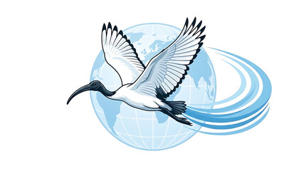 Naklejka premium Ibis bird flying over blue earth globe, migratory bird illustration, global conservation concept, wildlife travel and nature symbol